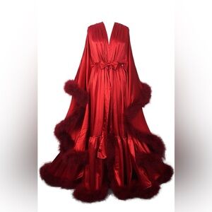 Scarlet Satin Red Robe with Feather Accents Floor Length fits S-L